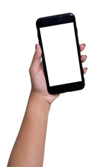 The hand is holding the white screen, the mobile phone is isolated on a white background with the clipping path.