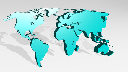 WORLD MAP from a perspective with the shadow. A thick sculpture made of metallic materials of 3D rendering. illustration and background