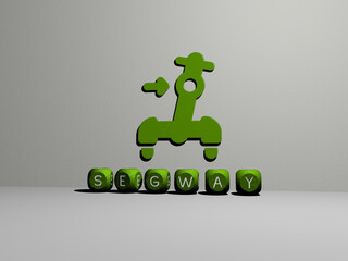 3D graphical image of SEGWAY vertically along with text built by metallic cubic letters from the top perspective, excellent for the concept presentation and slideshows. city and electric