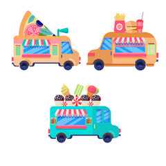 A set of street food trucks isolated on a white background. Fast food delivery.  Flat design vector. A collection of Cartoon fast food cars with an artboard on the roof. Street food festival.