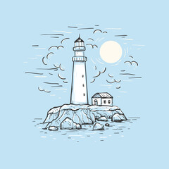 Marine romantic blue background. Hand drawn vector sketch with lighthouse, house, sea and sky