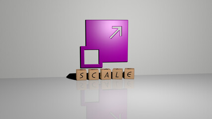 3D representation of scale with icon on the wall and text arranged by metallic cubic letters on a mirror floor for concept meaning and slideshow presentation. illustration and background