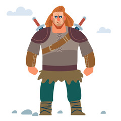 Warrior Northerner. Medieval young Viking in armor with two swords. Vector isolated on white background with dragon. Flat style