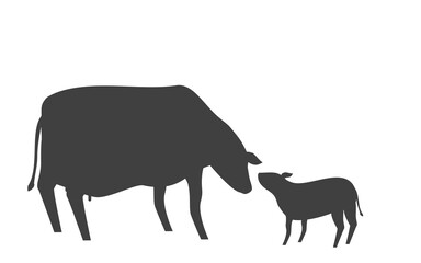 挨拶をする母牛と子牛のシルエットイラスト