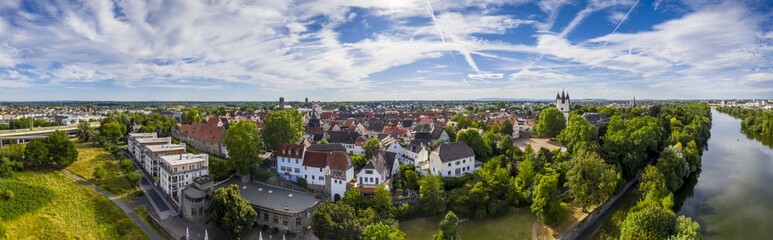 Aerial drone picture of the historical city of Steinheim near Hanau at river Main in Germany