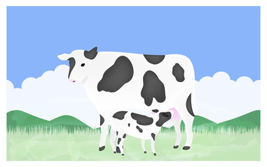 母牛の乳を吸う子牛のイラスト　夏の牧場で
