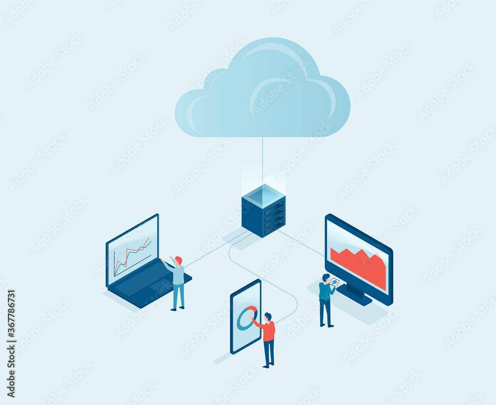 Poster business technology cloud computing server service concept with developer team working concept. isometric design. Big data processing, cloud database and data transferring 