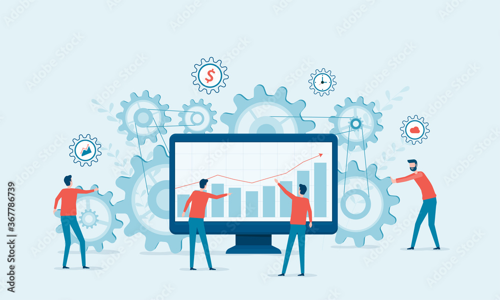 Poster Flat vector illustration design concept Business process and business team working together building for start up business. With gears and performance monitoring graph.


