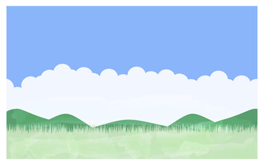 Obraz na płótnie Canvas 夏の草原のイラスト　青空と入道雲、山と原っぱ