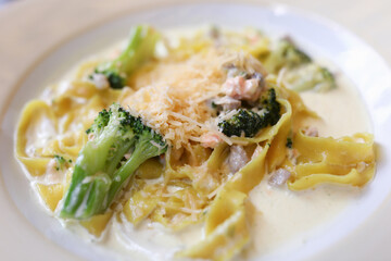 Pasta and broccoli lunch dish. Beautiful design food concept