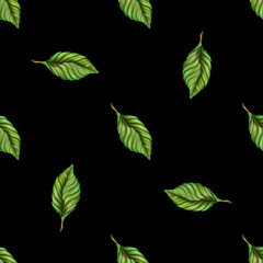 cherries with leaves on black background seamless pattern
