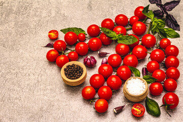 Naklejka na ściany i meble Ripe cherry tomatoes, garlic, basil, salt and black peppercorns on a stone culinary background