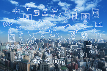 東京の町並みとビジネスアイコン-スマホ・パソコン・ネットワーク・アイデア