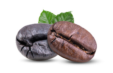  roasted coffee beans with leaves on white background