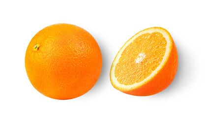 Sliced and whole oranges on white background
