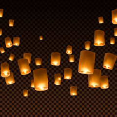 Lanterns isolated on transparent background. Diwali festival floating lamps. Vector indian paper flying lights with flame at night sky. © Kindlena