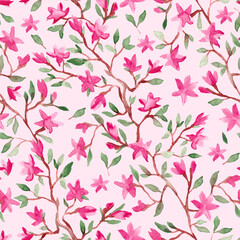 Magnolia flowers  branch watercolor painting - hand drawn seamless pattern on light pink