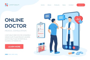 Online medical consultation and support services concept. Doctor videocalling on smartphone screen. Online healthcare and medical advise. Tele medicine e-health service. Flat vector illustration. - obrazy, fototapety, plakaty