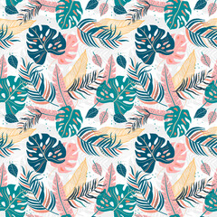 Fototapeta premium Tropical Leaves Seamless Pattern - elegant, exotic, hand drawn leaves - great for Textiles, Fabrics, Wallpapers, banners, Cards - surface design