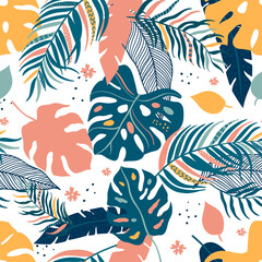 Obraz premium Tropical Leaves Seamless Pattern - elegant, exotic, hand drawn leaves - great for Textiles, Fabrics, Wallpapers, banners, Cards - surface design