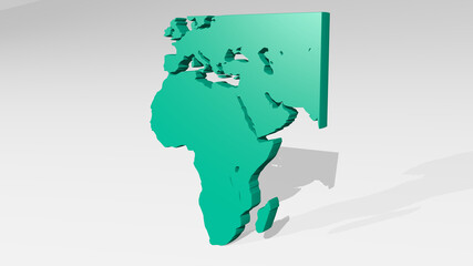 MAP OF AFRICA from a perspective with the shadow. A thick sculpture made of metallic materials of 3D rendering. illustration and background