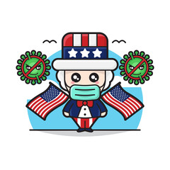Illustration Vector Graphic of Cute Uncle Sam Mascot USA Against the Virus (COVID-19)