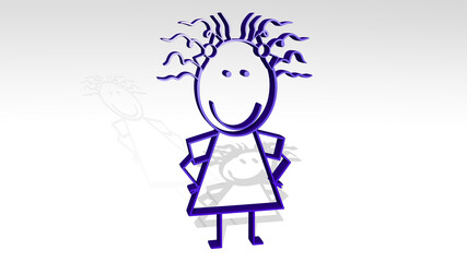 KID stand with shadow. 3D illustration of metallic sculpture over a white background with mild texture. child and girl