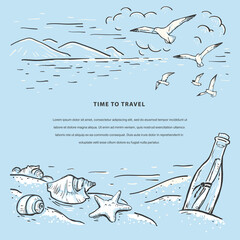 Marine romantic sketch vector template. Sketch with beach, seagulls, seashells, sea star and message in the bottle. Design for flyer, card, invitation, web banners