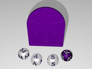 3D graphical image of mask vertically along with text built around the icon by metallic cubic letters from the top perspective, excellent for the concept presentation and slideshows. illustration