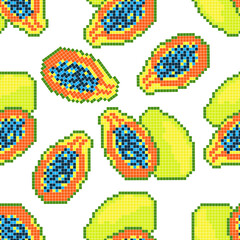Seamless pattern with pixel papaya, vector illustration