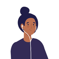young woman using headphones on white background