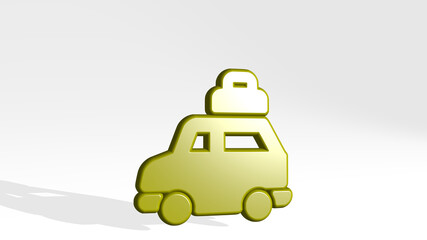 CAR TRUCK LUGGAGE from a perspective with the shadow. A thick sculpture made of metallic materials of 3D rendering. illustration and auto