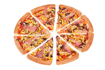 Sliced italian pizza with chicken breast, corn, bacon and mushrooms, isolated on white background, angle view