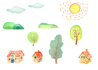 水彩で描いた木と家の背景セット