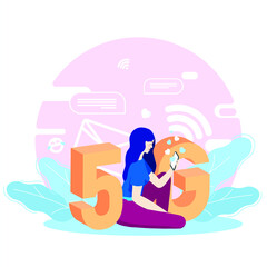 Girl and 5G technology.Woman sit. Human using device. Illustration for web