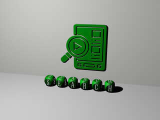 3D representation of search with icon on the wall and text arranged by metallic cubic letters on a mirror floor for concept meaning and slideshow presentation. illustration and business