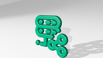 SERVER SHARE from a perspective with the shadow. A thick sculpture made of metallic materials of 3D rendering. data and illustration
