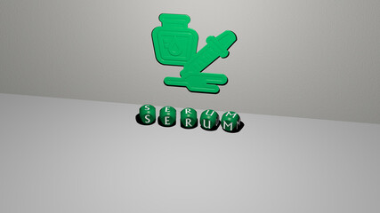 3D representation of SERUM with icon on the wall and text arranged by metallic cubic letters on a mirror floor for concept meaning and slideshow presentation. care and cosmetic