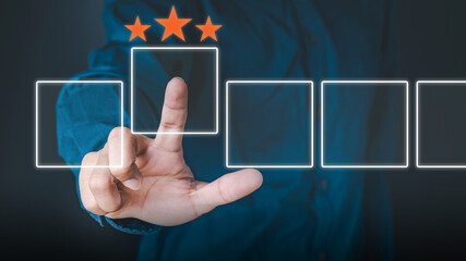 Business people use the index finger to touch the virtual screen to select the starred icons, future digital technology working in digital form, business strategy concepts, human business concepts.