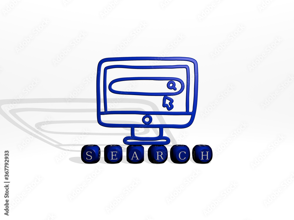 Fototapete 3D illustration of search graphics and text made by metallic dice letters for the related meanings of the concept and presentations. icon and business