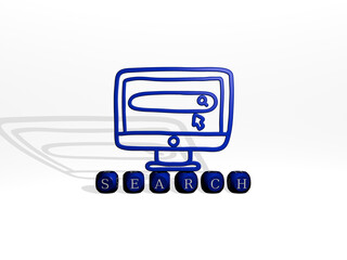 3D illustration of search graphics and text made by metallic dice letters for the related meanings of the concept and presentations. icon and business
