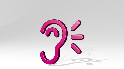 MEDICAL SPECIALTY HEARING stand with shadow. 3D illustration of metallic sculpture over a white background with mild texture. care and doctor