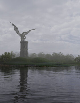 Fantasy illustration of a green marsh dragon perched on top of an island tower, 3d digitally rendered illustration