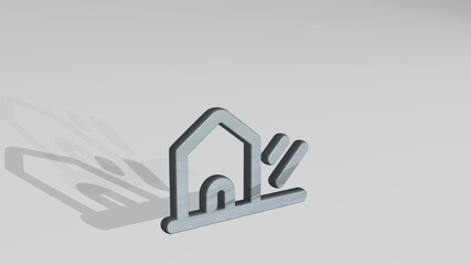 LIGHT MODE HOME casting shadow from a perspective. A thick sculpture made of metallic materials of 3D rendering. background and illustration