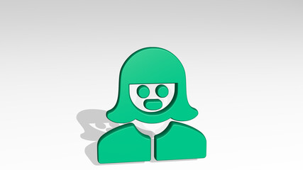 PEOPLE WOMAN CAP stand with shadow. 3D illustration of metallic sculpture over a white background with mild texture. business and concept