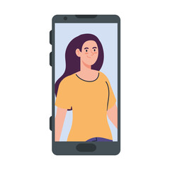 young woman in smartphone device, on white background
