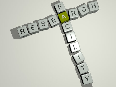 crosswords of research facility arranged by cubic letters on a mirror floor, concept meaning and presentation. illustration and background