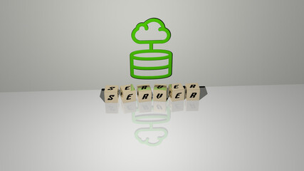 3D illustration of SERVER graphics and text made by metallic dice letters for the related meanings of the concept and presentations. data and computer
