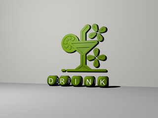3D graphical image of DRINK vertically along with text built by metallic cubic letters from the top perspective, excellent for the concept presentation and slideshows. background and illustration