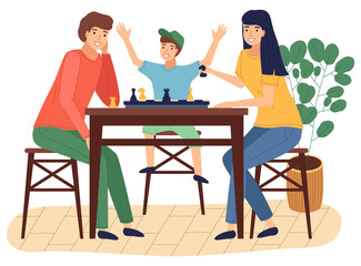 Fototapeta premium Chess game happy family spend time at home. People playing chess, happy smiling. Mother, father son together at home playing table game. Indoors home activity, hobby. Relationships of parents and kids